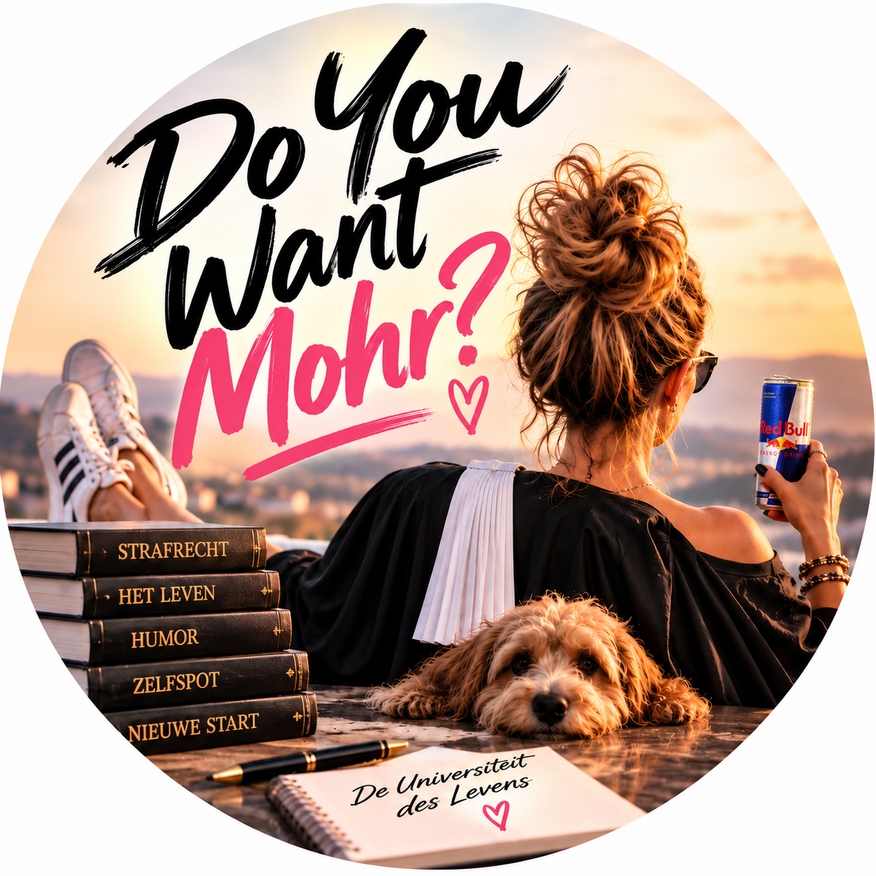 Illustratie van een vrouw van achteren, met een stapel boeken, een hond en de titel Do You Want Mohr?